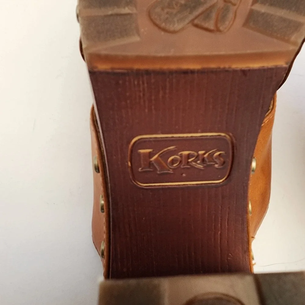 Korks Tan Crossover Studded Platform Clog Sandals Wood Block Heel Retro Boho Sz6